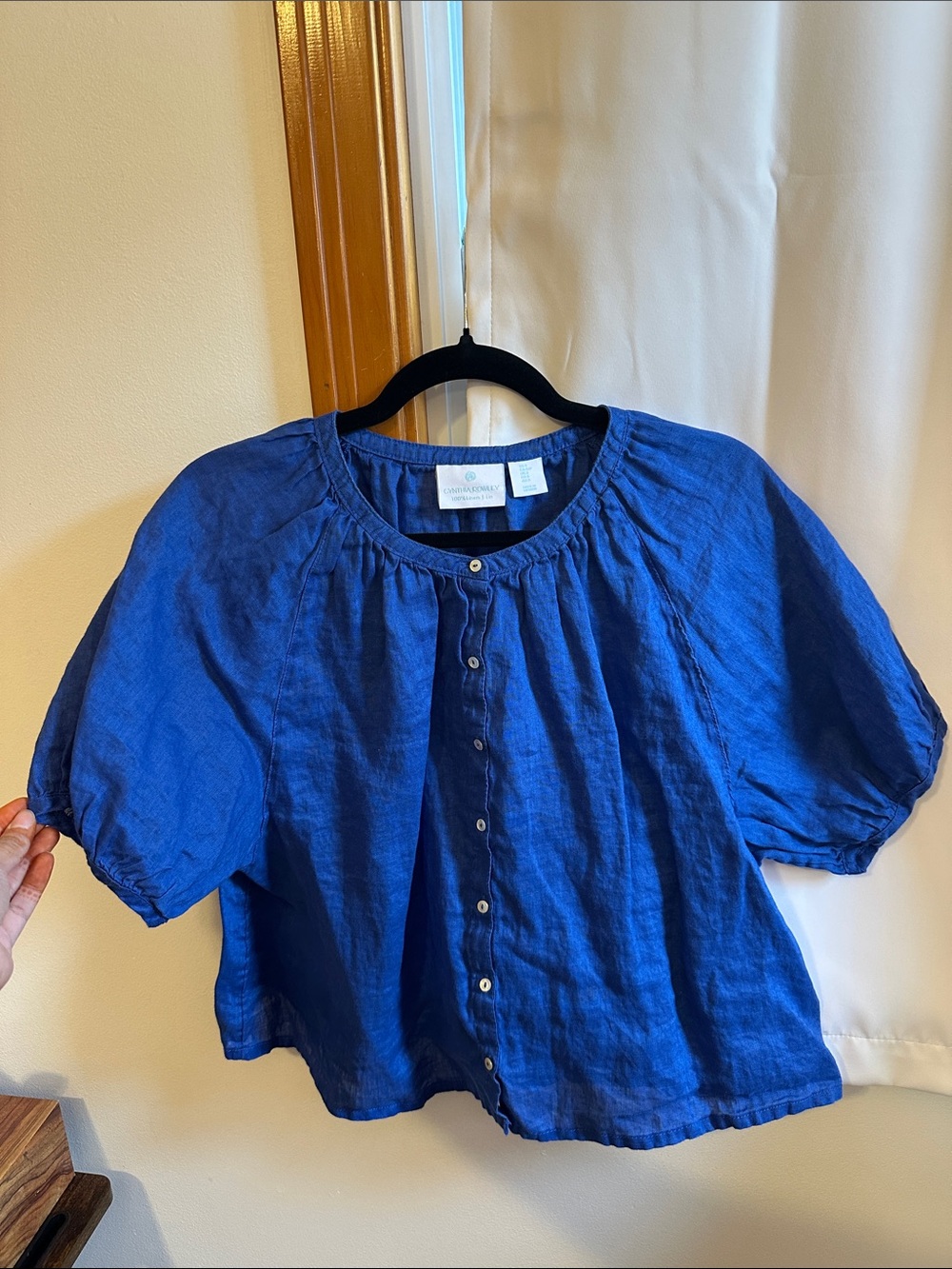 Cynthia Rowley 100% Linen Royal Blue Button-Front, Round Neck, Half Sleeves Top